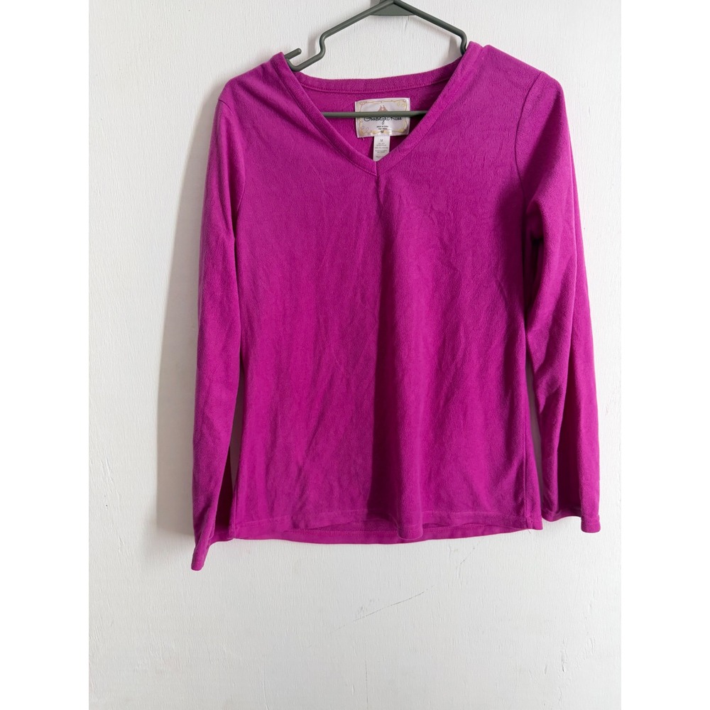 Goodnight Kiss Magenta Pink Fleece Pajama Top V-Neck Long Sleeve Sleep Shirt M
